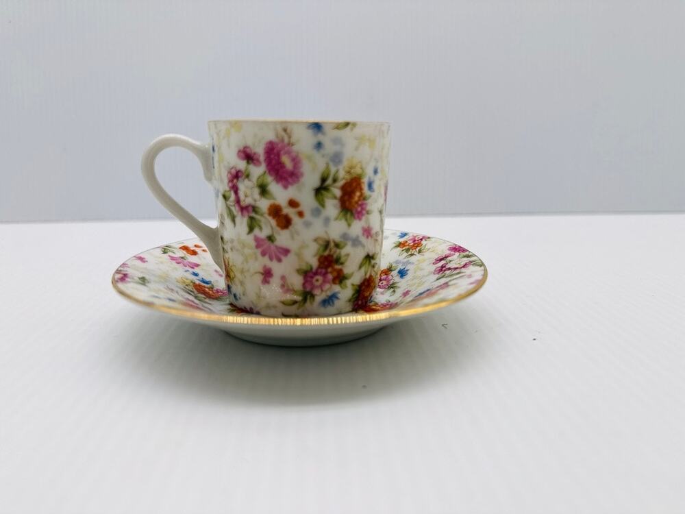 Lefton China Floral Chintz Flat Demitasse Cup & Saucer Gold Trim Hand painted
